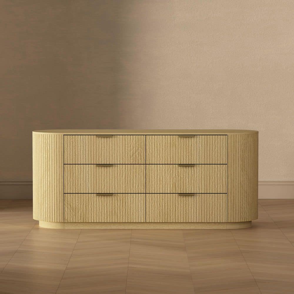 Olivia Modern Natural Oak 6-Drawer 71.3 in. Double Dresser with Gold Handles