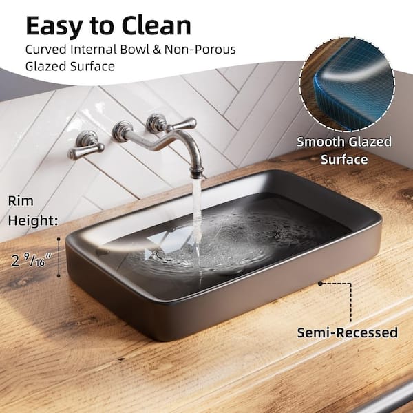 19 in. Drop-In Bathroom Sink Rectangle in Matte Black, Semi-Recessed Ceramic Vessel Sink, Sink Drain Kit Included