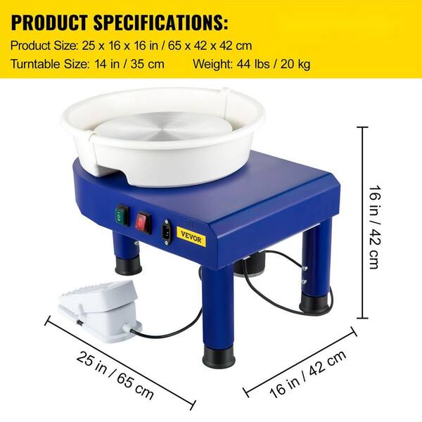 VEVOR Pottery Wheel, 14in Ceramic Wheel Forming Machine, 0-300RPM Speed 0-7.8in Lift Table Electric Clay Machine, Foot Pedal Detachable Basin