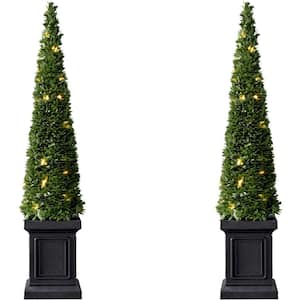 40 in. Christmas Boxwood Topiary Cones with Square Pots and Clear LED Lights (Set of 2)