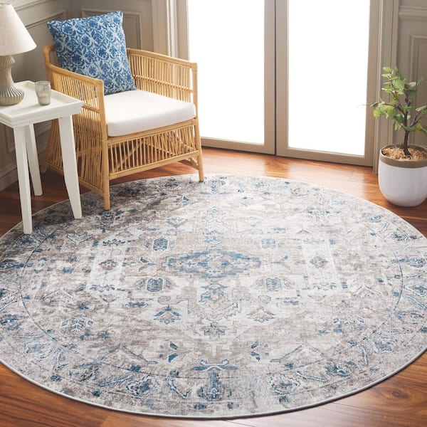 Orlando 7 ft. x 7 ft. Round Gray/Blue Traditional Distressed Herati Washable Area Rug