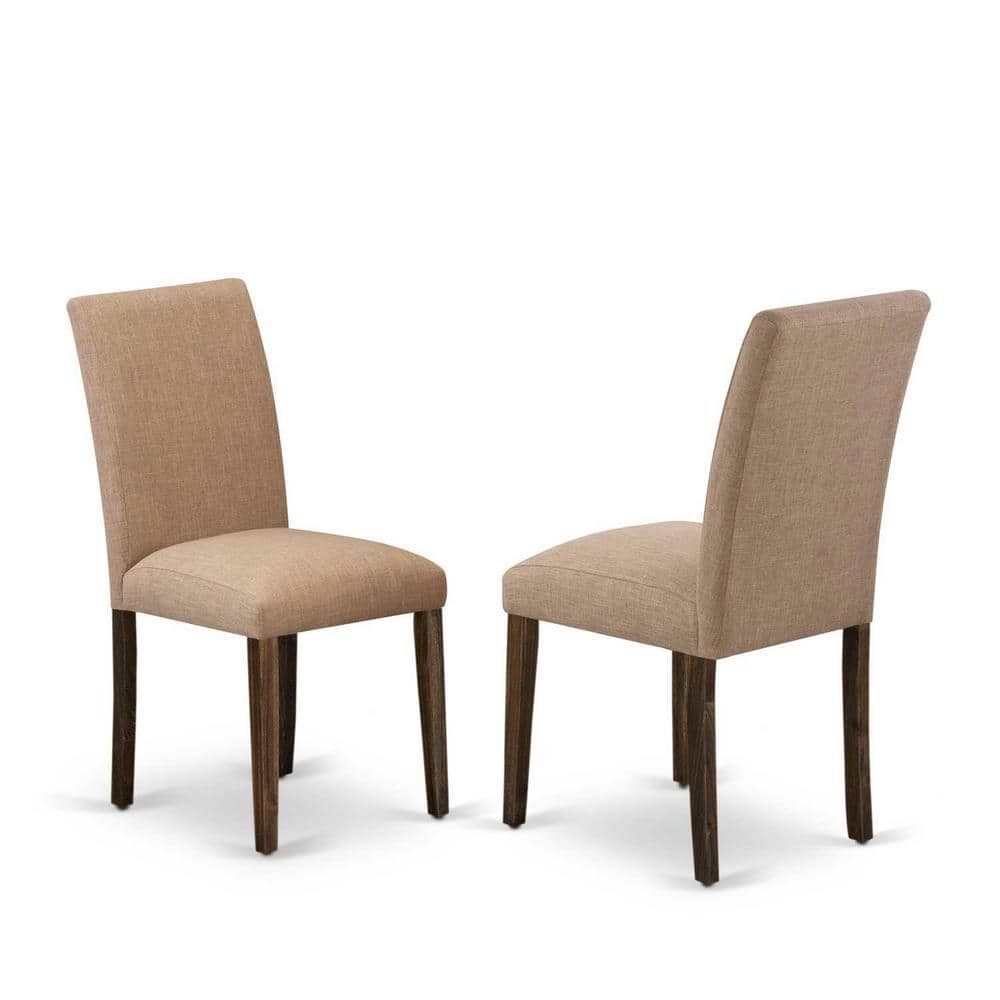 Distressed Jacobean Round Pedestal Dining Set with Light Sable Linen Chairs