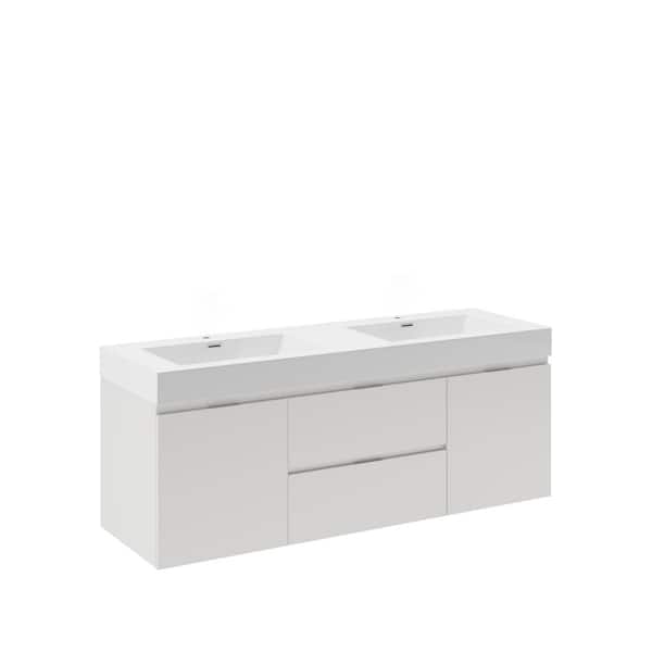 Fresca Valencia 60 in. W Wall Hung Bathroom Vanity in Glossy White with Double Acrylic Vanity Top in White