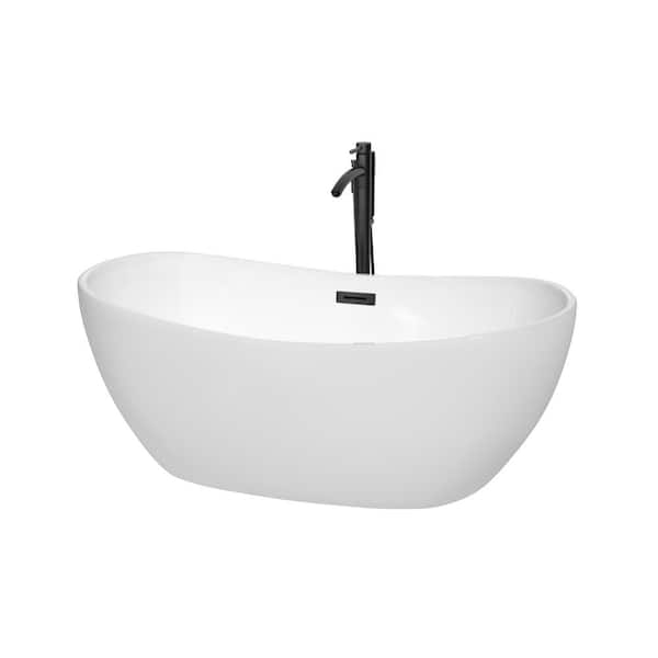 Wyndham Collection Rebecca 60 in. Acrylic Flatbottom Bathtub in White with Matte Black Trim and Faucet