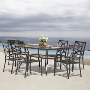 7-Piece Patio Dining Set Outdoor Furniture Set with Rectangle Table with Umbrella Hole and Stackable Armchair in Black