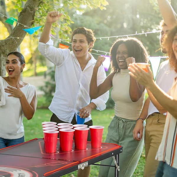 8 Ft. Portable Beer Pong Table, LED Lights, Foldable with Carrying Handles, 6 Pong Balls, Adjustable Height, Lightweight