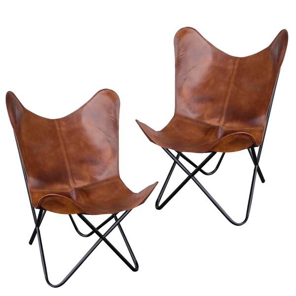 AmeriHome Tan Natural Leather Butterfly Chair (2-Piece Set)