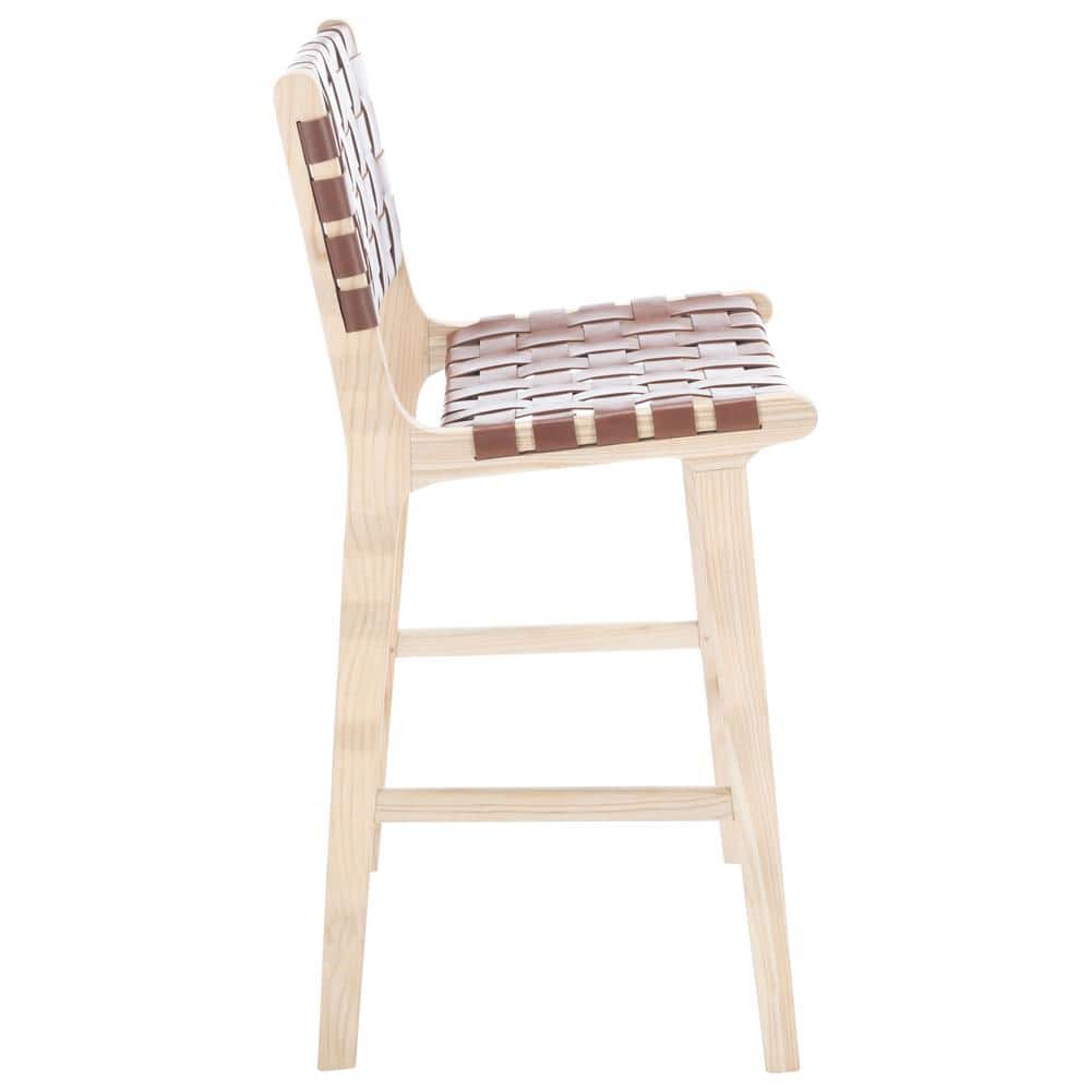 Cognac Leather and Natural Wood Counter Stool