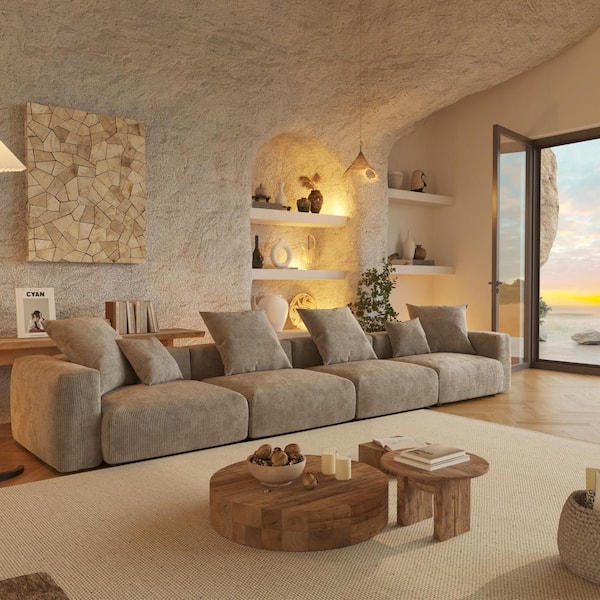 Modern 181 in. Square Arm 4-Piece Modular Corduroy Sectional Sofa Oversized Floor Sofa with Detachable Covers in Brown