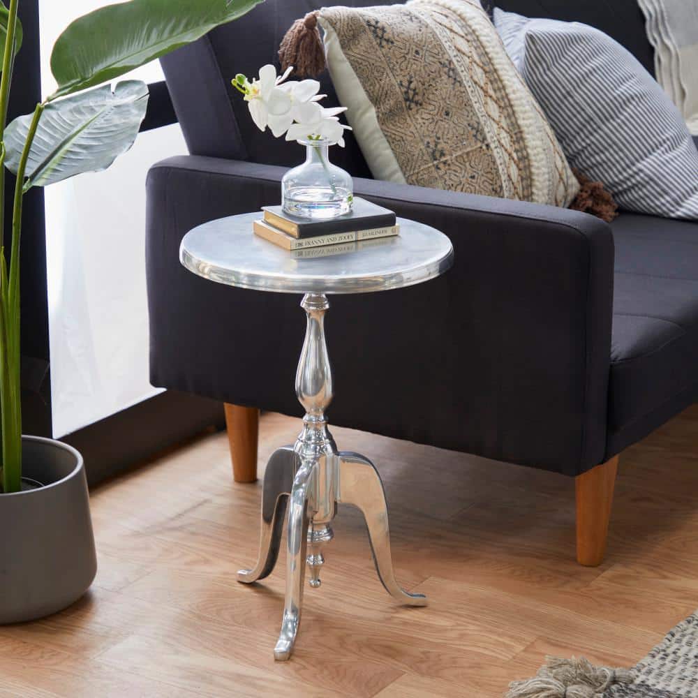 Elegant Silver Round Metal Pedestal Accent Table - 15" x 22"