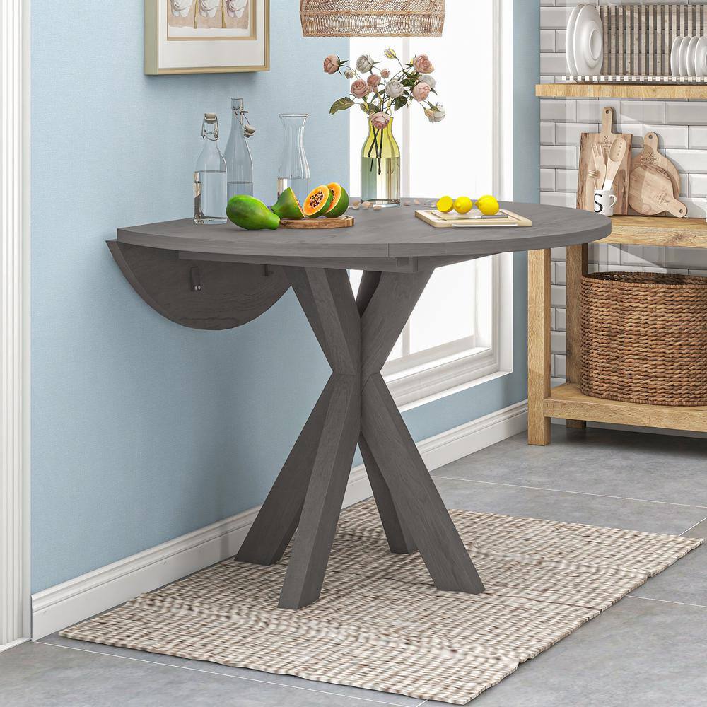GOJANE 42 in. Round Grey Wood Dining Table with Drop Leaf