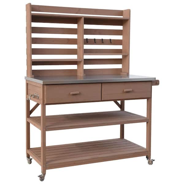 22.20 in. W x 64.90 in. H Outdoor Potting Bench Table with Lockable Wheels, Upper Hutch and Towel Rack in Brown