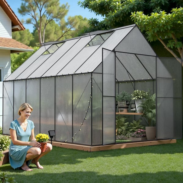 Unbranded 8 x 12 ft. Greenhouse for Outdoors, Large Walk-in Greenhouse Roof Vent for Garden Plants, UV Protection Metal Sunroom