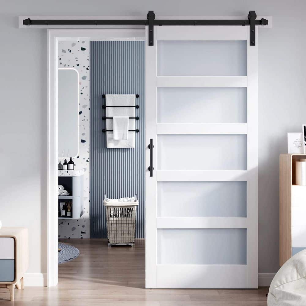 38 in. x 84 in. 5-Lite Tempered Frosted Glass White Finished Solid Core MDF Wood Sliding Barn Door with Hardware Kit price history on PriceWatchPro