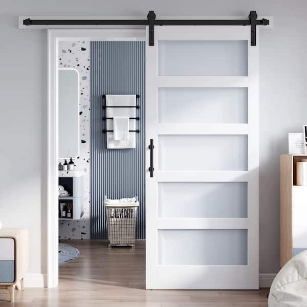 38 in. x 84 in. 5-Lite Tempered Frosted Glass White Finished Solid Core MDF Wood Sliding Barn Door with Hardware Kit