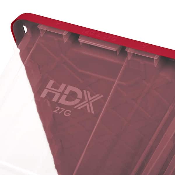 HDX 27 Gal. Tough Storage Tote in Clear with Red Lid 999-27G-C-HDX-R ...