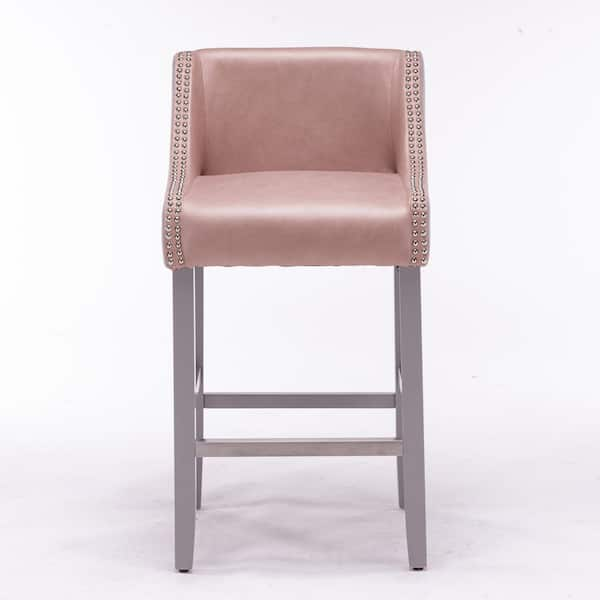 GOJANE 37.70 in. Pink and Gray Wood Frame Barstool with Nail Trim