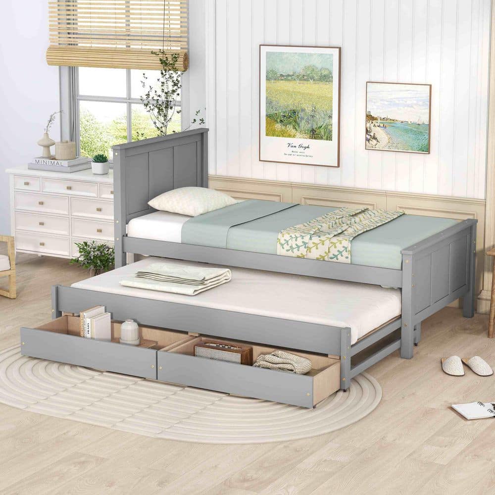Gray Wood Frame Twin Size Platform Bed with Trundle and Drawers price history on PriceWatchPro