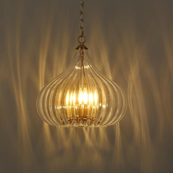 Modern 3-Light Plating Brass Chandelier with Waterdrop Clear Glass Shade, Coastal Pendant Light for Dining Room