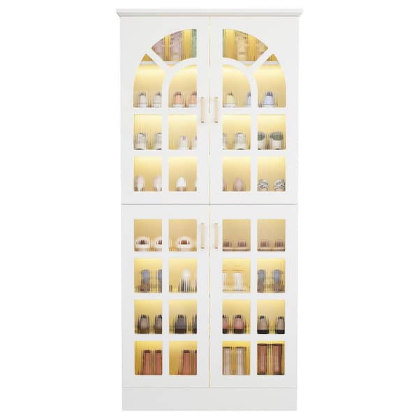 Cezalinda 76 in. Tall 30 Pair Wood White Entryway Closet 8 Adjustable Shelves Rack Shoe Storage Cabinet Doors Led Lights