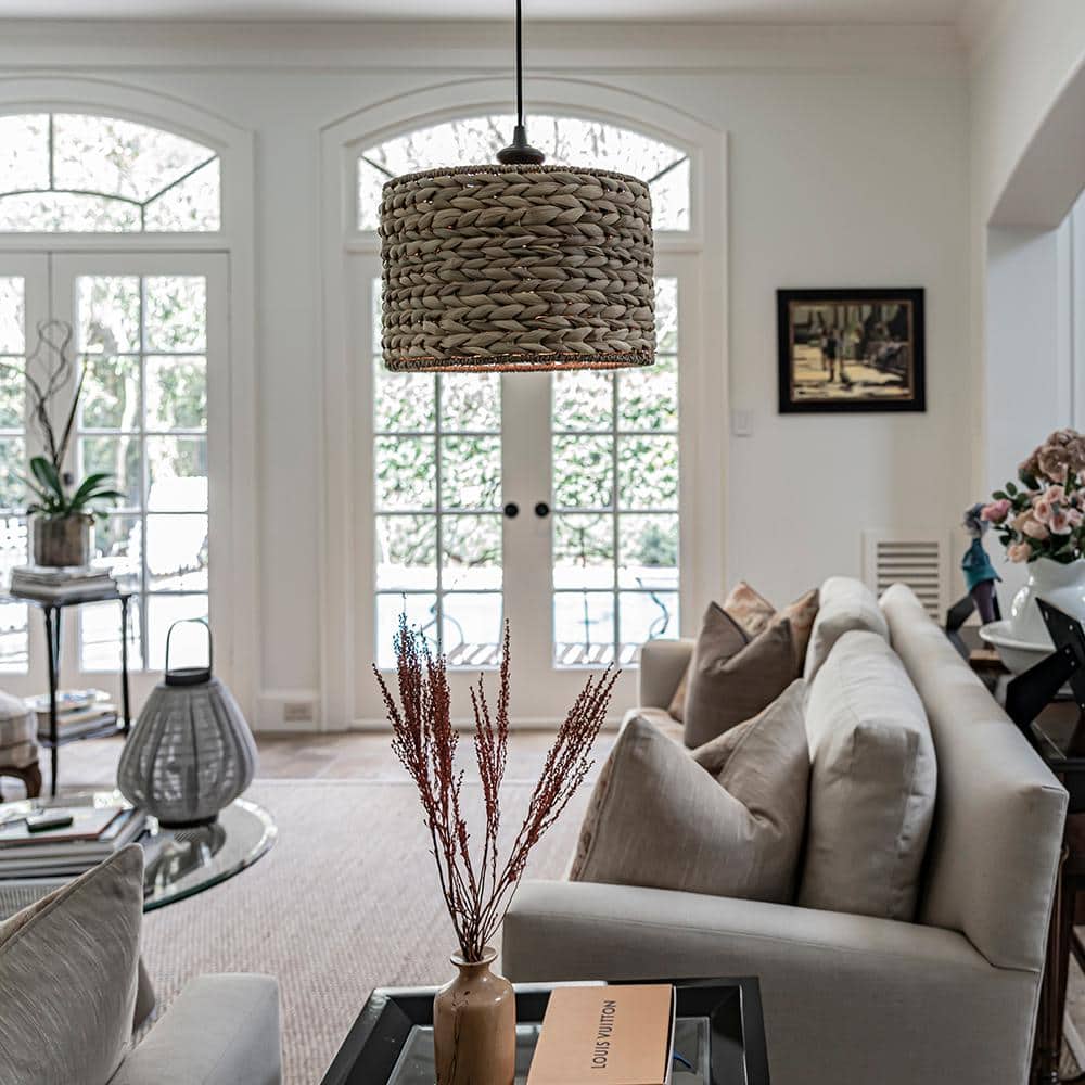 Bronze LED Drum Pendant with Seagrass Shade