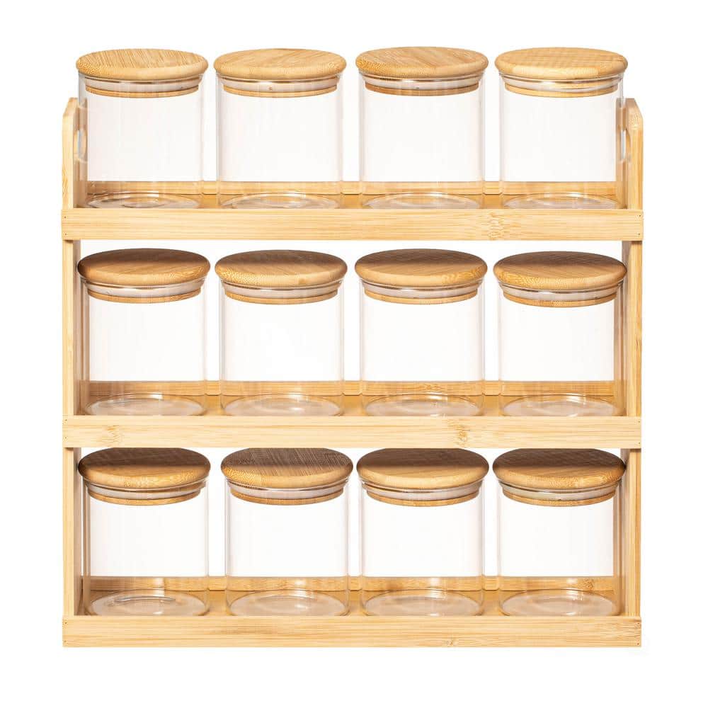 Versatile 3-Tier Bamboo Spice Rack with 12 Glass Jars