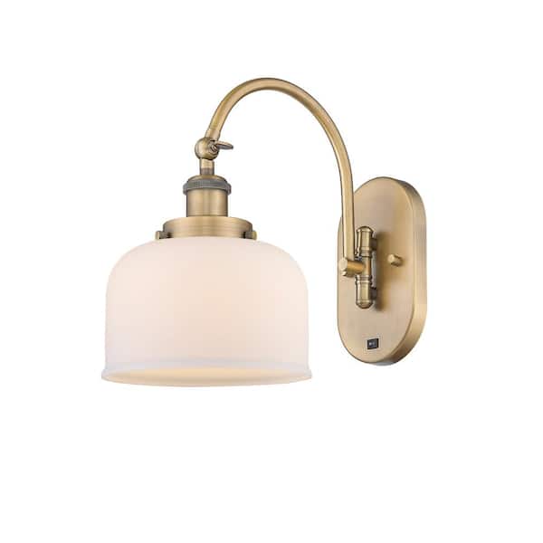 Bell 1-Light Brushed Brass, Matte White Wall Sconce with White Glass Shade