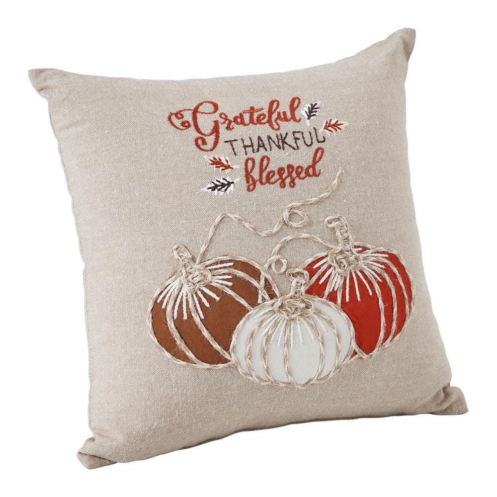Grateful Thankful Blessed Embroidered Cotton Blend Thanksgiving Pillow