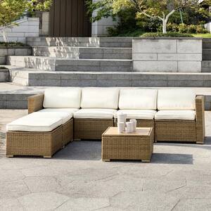 Brown Frame 7-Piece Wicker Patio Conversation Sectional Seating Set with Beige Cushions