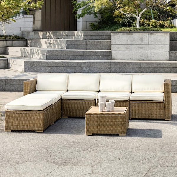Cesicia Brown Frame 7-Piece Wicker Patio Conversation Sectional Seating Set with Beige Cushions