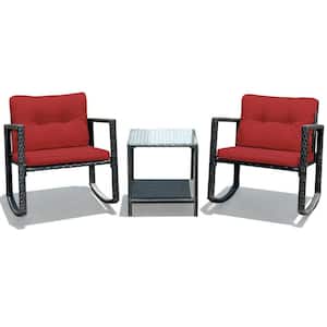 3-Piece PE Wicker Outdoor Sofa Set Patio Conversation Set with Rocking Chairs and Red Cushions
