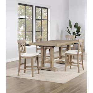 Napa Weathered Sand Wood 72 in. Counter Height Dining Set 5-Pieces with 4-Cushioned Chairs and 2 18 in. Leaves