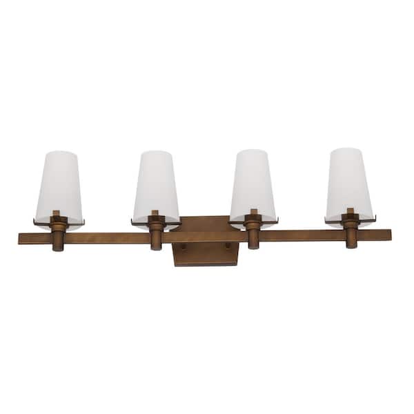 Designers Fountain Hyde Park 32 in. 4-Light Vintage Gold Modern Vanity with Opal Glass Shades