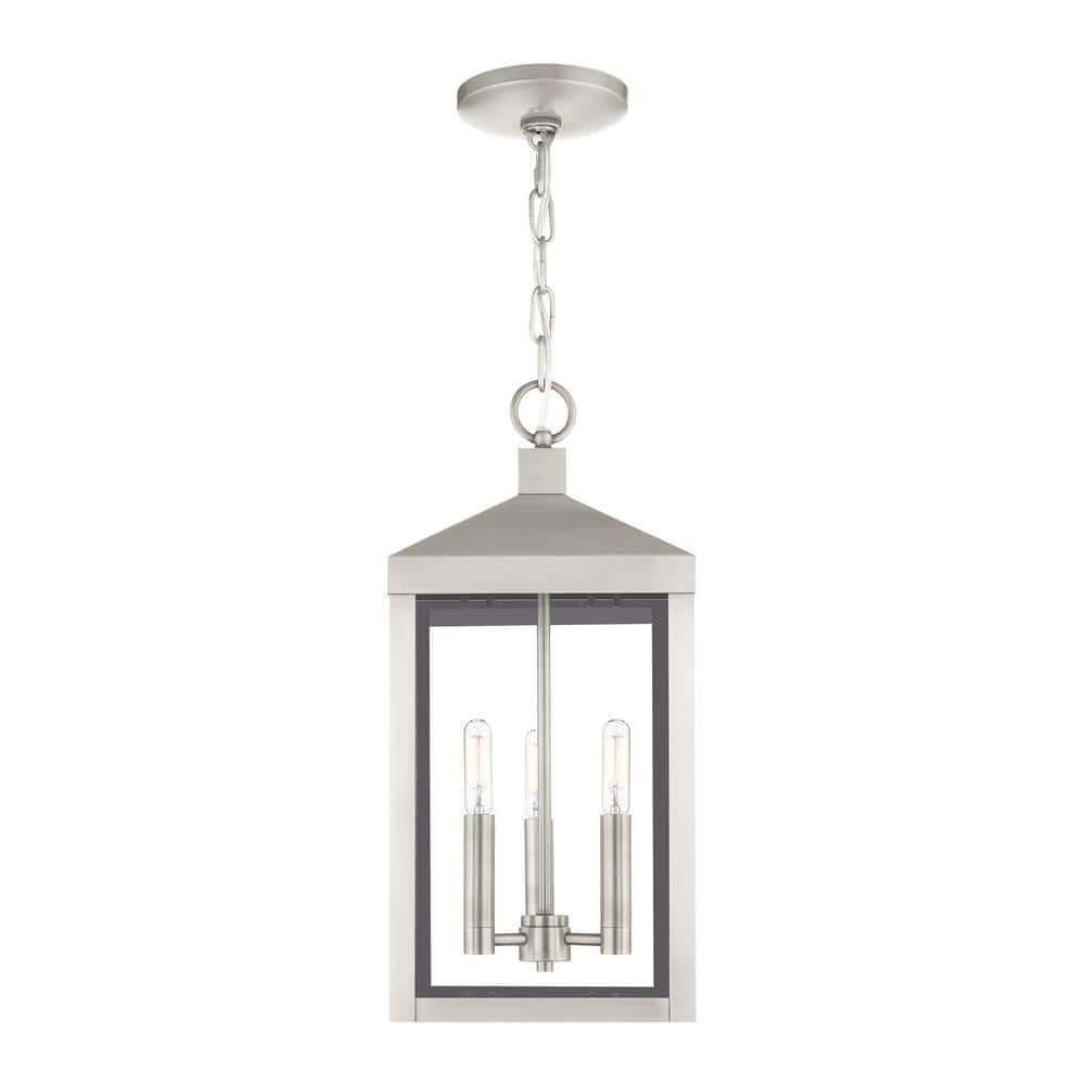 Brushed Nickel 3-Light Outdoor Pendant Lantern with Clear Glass