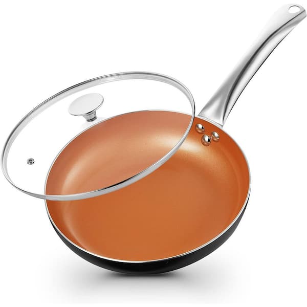 8 in. Copper Ceramic Nonstick Frying Pan with Lid, PFOA Free, Oven and All Stove Compatible, Aluminum Skillet