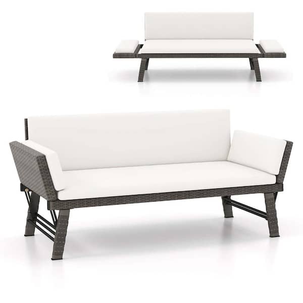Costway Wicker Outdoor Day Bed Convertible Sofa with Adjustable Armrests Removable White Cushions