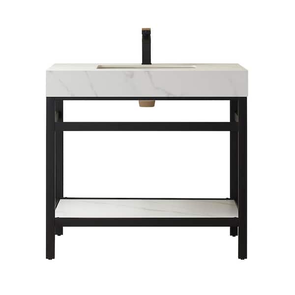 Funes 36 in. W x 22 in. D x 33.9 in. H Single Sink Bath Vanity in Matt Black Metal Stand with White Sintered Stone Top