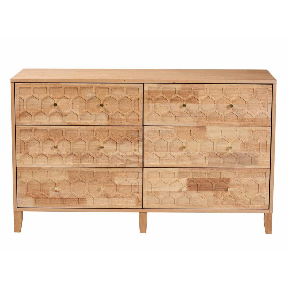 Natural Rubberwood 6-Drawer Honeycomb Dresser with Cone Legs