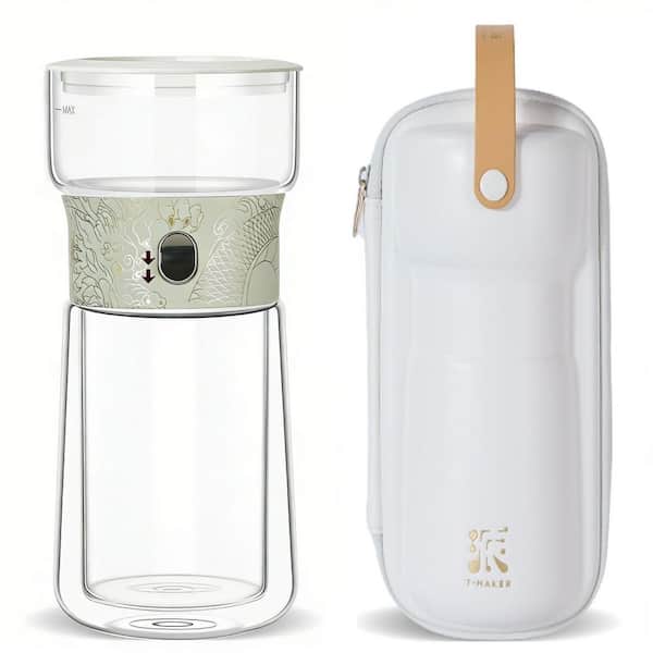 1.5-Cup White Dragon Glass Tea Pot for Loose Tea Diffusers with Insulated Mug and Portable Tea Kits, Smart One Touch