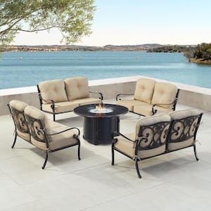 Black Aluminum Fire Table Set with 4-Deep Seating Loveseats