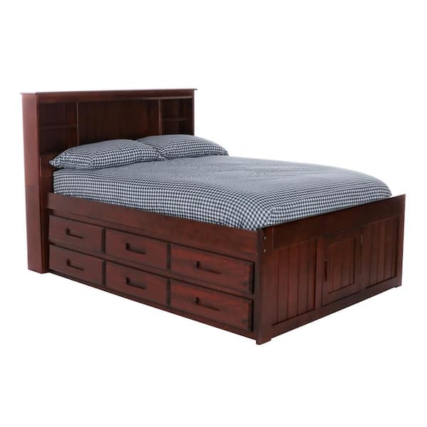 OS Home and Office Furniture Merlot Mission Brown Full Sized Captains Bookcase Bed with Twelve-Drawers