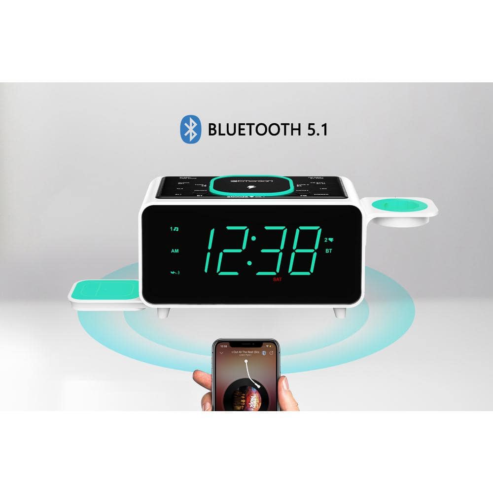 White Digital Alarm Clock with Wireless Charging and Bluetooth Speaker