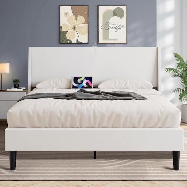 VECELO Upholstered Bed Frame with Headboard and Wingback White Queen Size Bed Frame Platform Bed with USB and Type-C Ports
