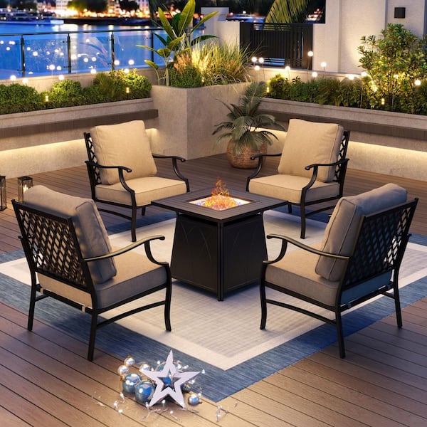 PHI VILLA Black Metal Meshed 4-Seat 5-Piece Steel Outdoor Patio Conversation Set with Beige Cushions and Square Fire Pit Table