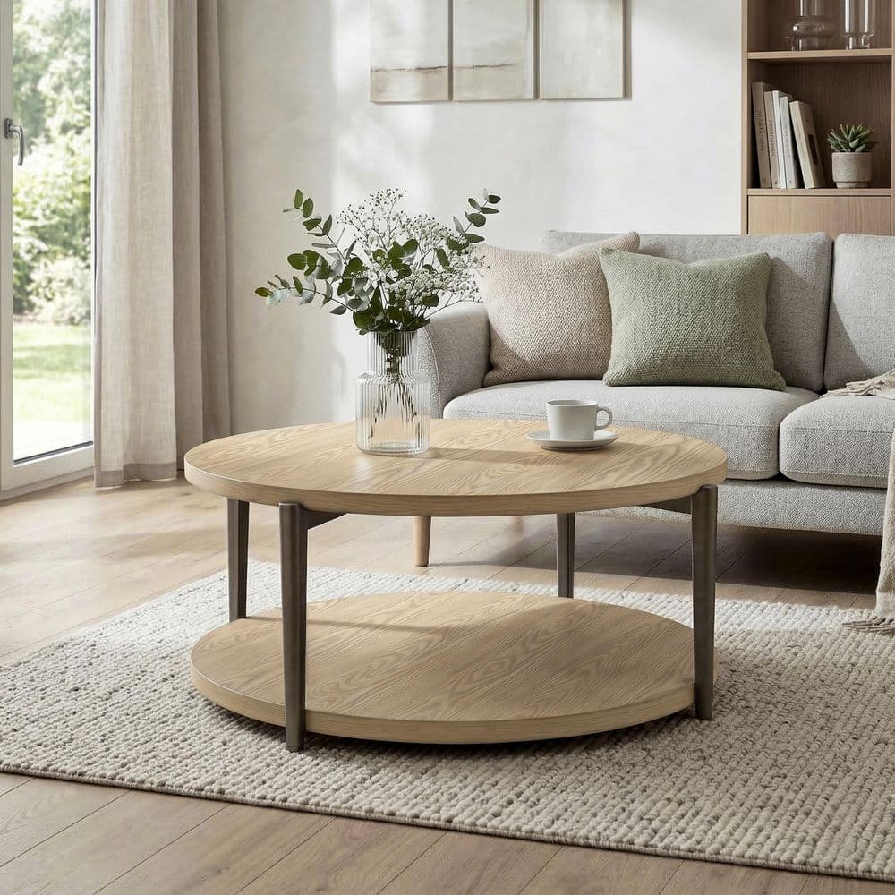 Furniture of America Andria 43.3 in. Natural Round Wood Coffee