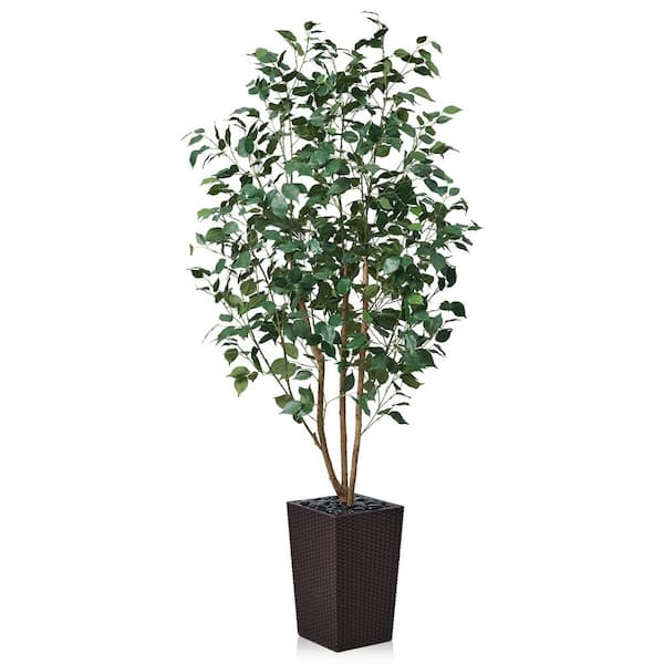 6 ft. Artificial Ficus Tree Indoor/Outdoor Real Wood Trunk,Fake Plant Coffee Planter for Home Office Living Room Decor