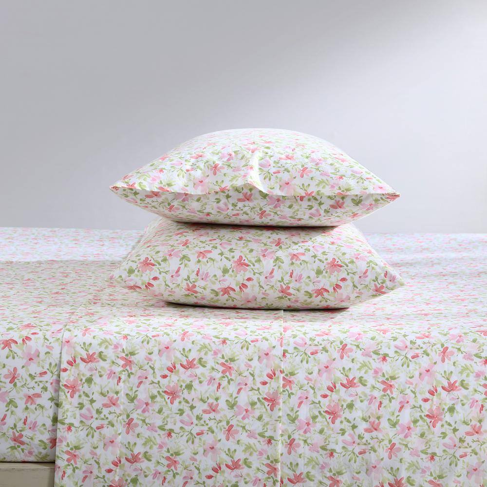 Norella Pink Twin Cotton Percale Floral Sheet Set