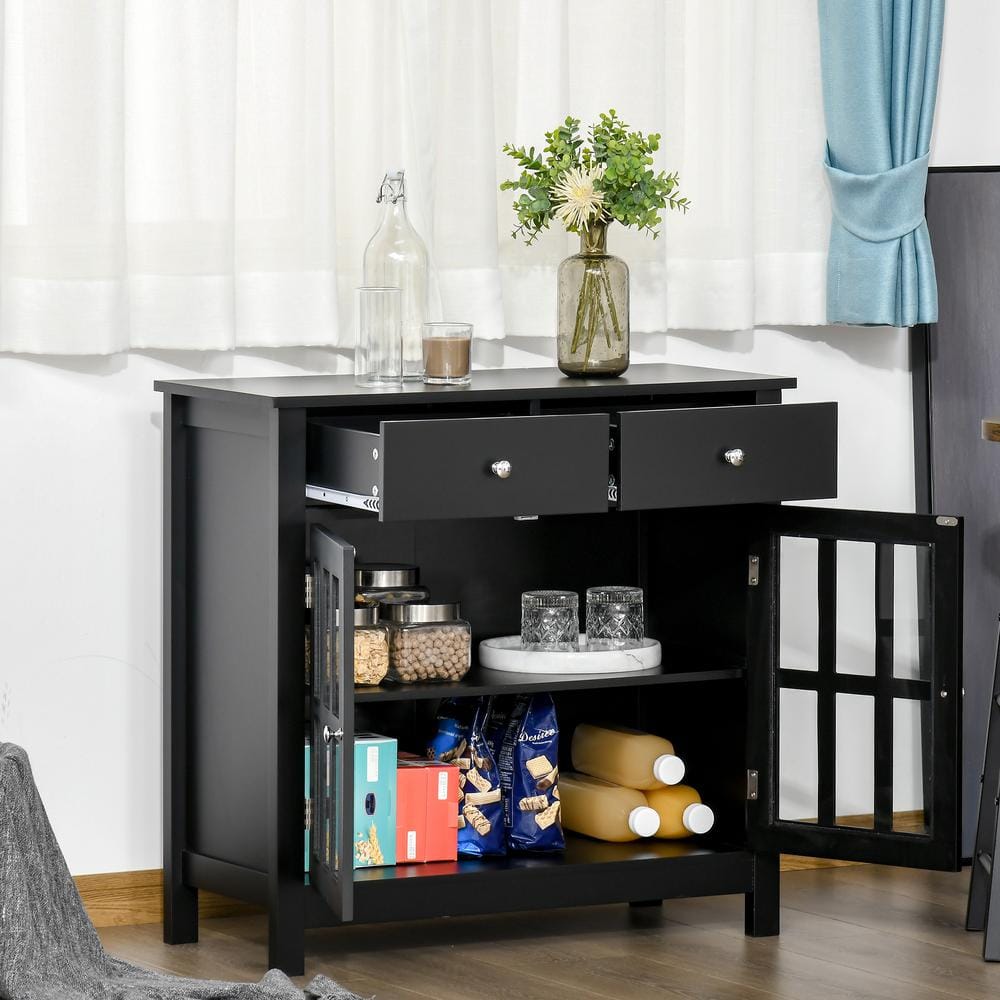 Black Wood Sideboard Buffet Cabinet with Glass Doors