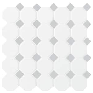 Octagon and Dot Matte White with Gray Dot 4 in. x 4 in. Mosaic Tile Sample