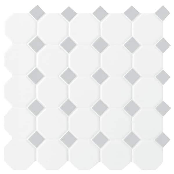 Daltile Octagon and Dot Matte White with Gray Dot 12 in. x 12 in. Glazed Ceramic Mosaic Tile (1 sq. ft./each)